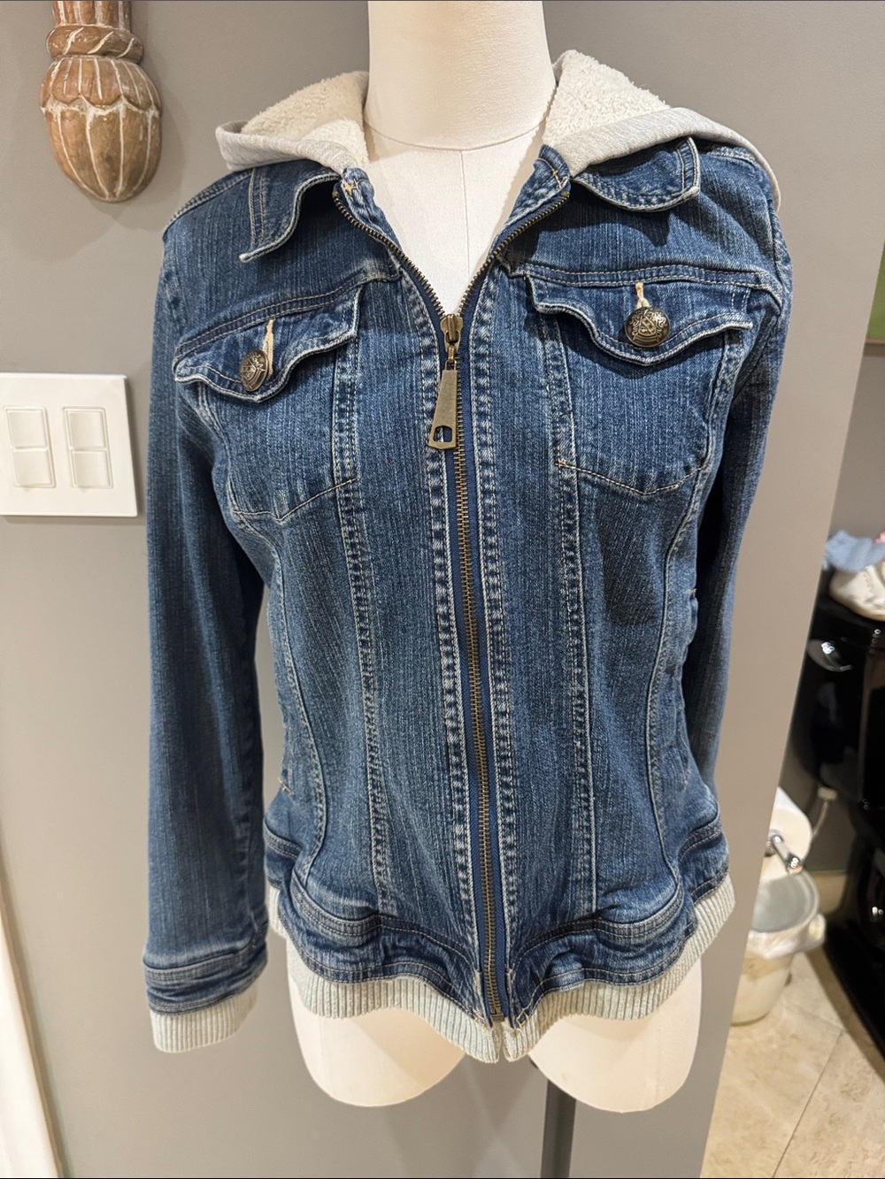 Women's Blue Denim Hooded Jean Jacket with Sherpa Trim